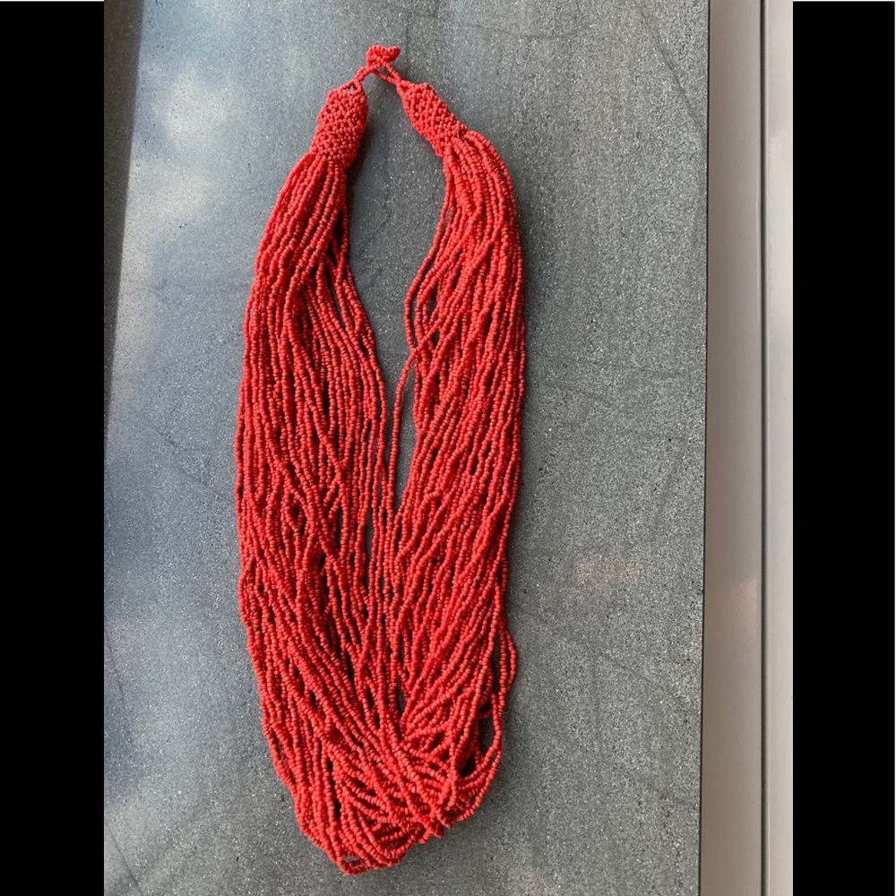 Bright Red Multistrand Glass Beaded Necklace
